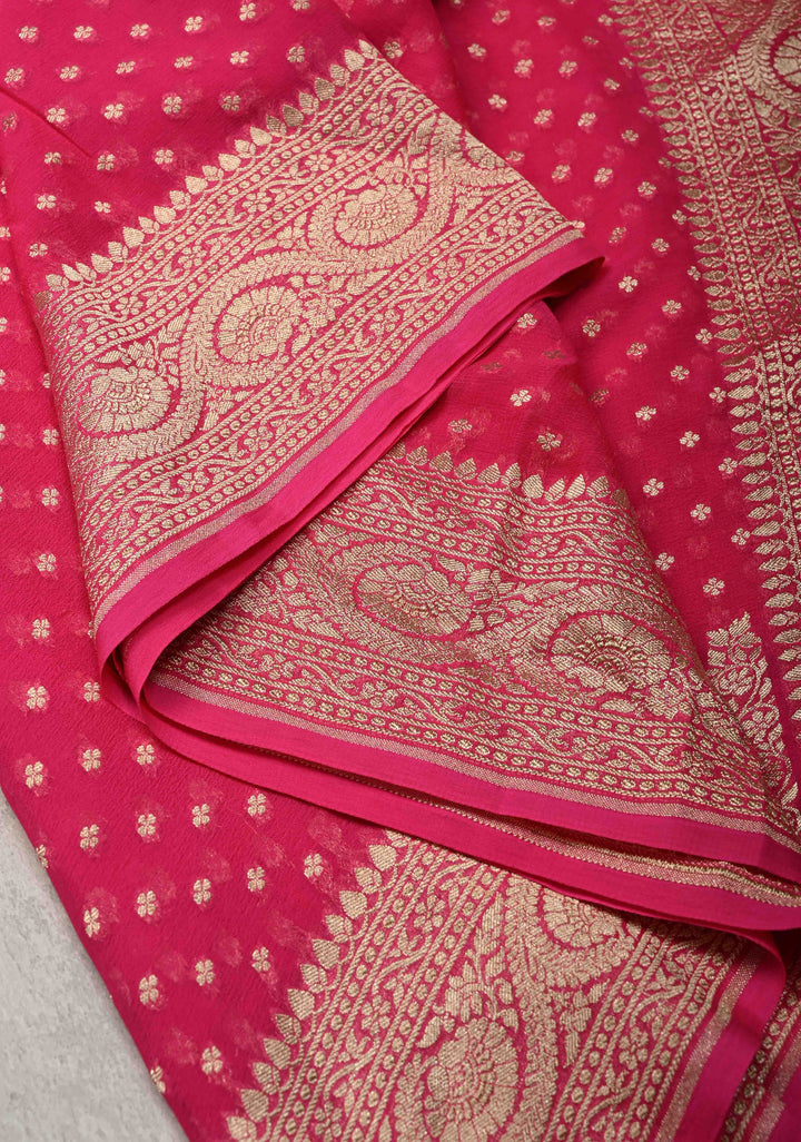 Rani Pink Banarasi Georgette Silk Saree with Floral Buttis and Zari Border | SILK MARK CERTIFIED