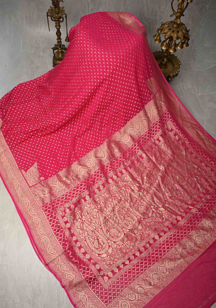 Rani Pink Banarasi Georgette Silk Saree with Floral Buttis and Zari Border | SILK MARK CERTIFIED
