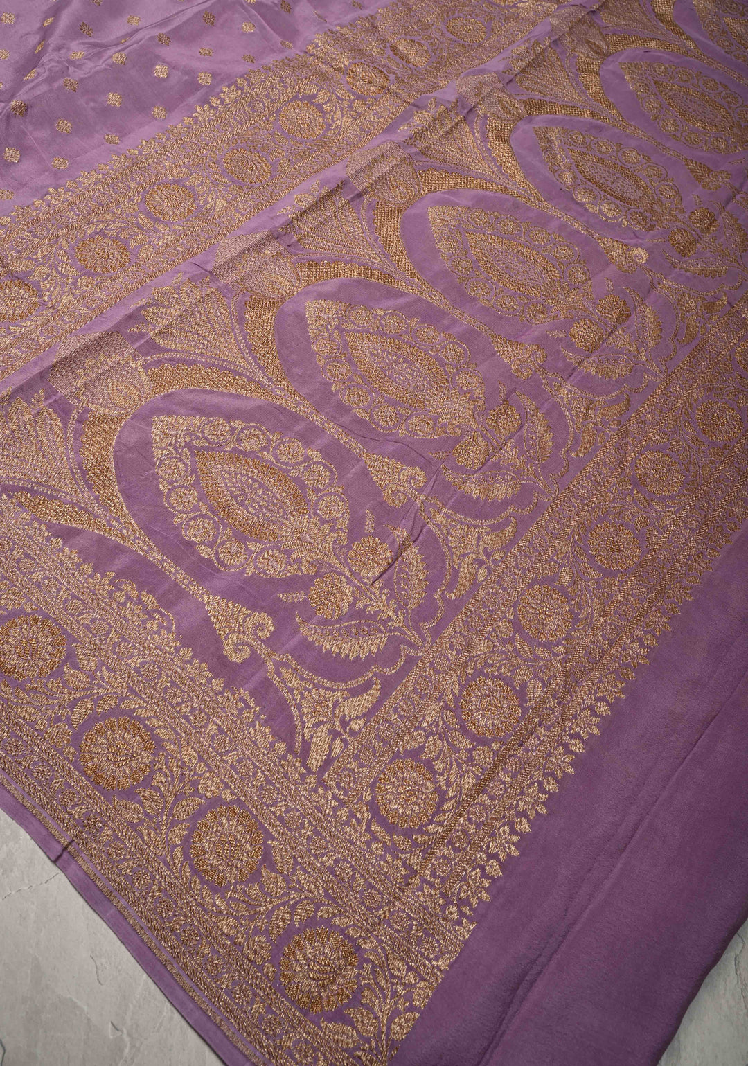 Dusty Lavender Pure Mysore Crepe Silk Saree with Chunri Buttis and Zari Border  | SILK MARK CERTIFIED