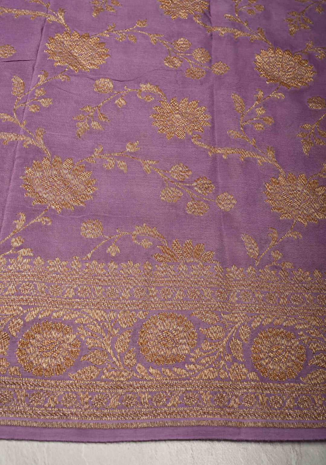 Dusty Lavender Pure Mysore Crepe Silk Saree with Chunri Buttis and Zari Border  | SILK MARK CERTIFIED