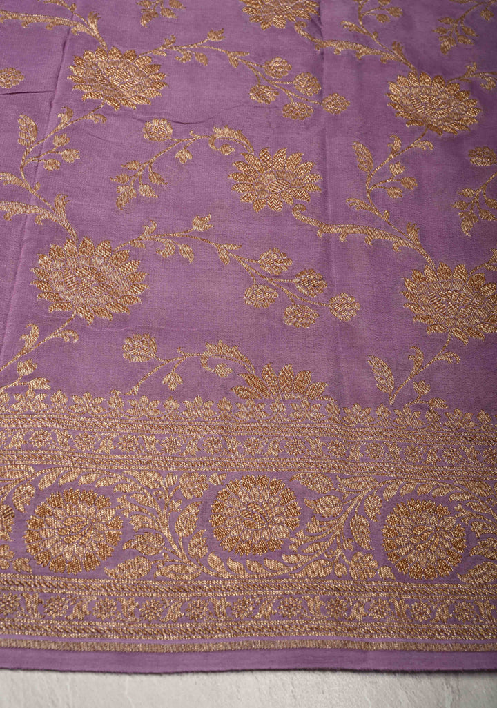 Dusty Lavender Pure Mysore Crepe Silk Saree with Chunri Buttis and Zari Border  | SILK MARK CERTIFIED