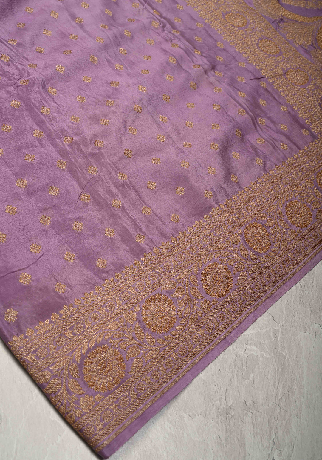 Dusty Lavender Pure Mysore Crepe Silk Saree with Chunri Buttis and Zari Border  | SILK MARK CERTIFIED