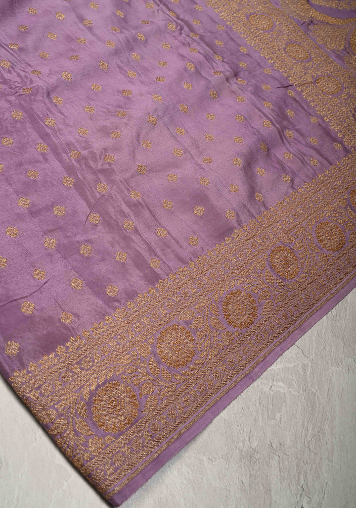 Dusty Lavender Pure Mysore Crepe Silk Saree with Chunri Buttis and Zari Border  | SILK MARK CERTIFIED
