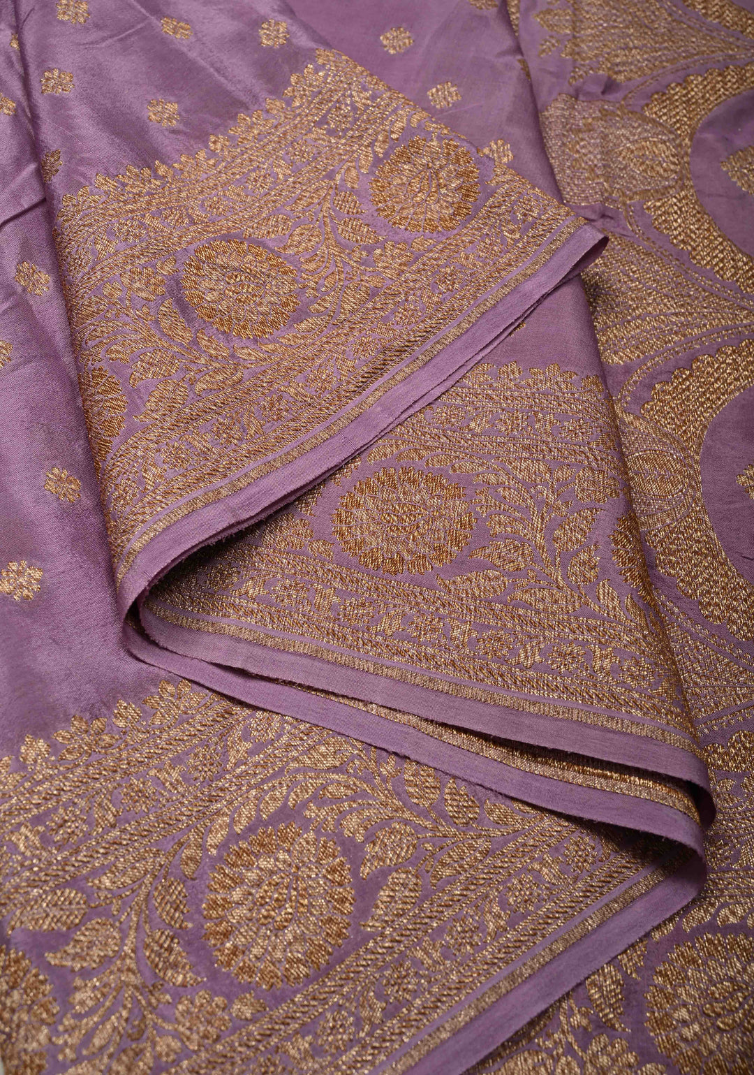 Dusty Lavender Pure Mysore Crepe Silk Saree with Chunri Buttis and Zari Border  | SILK MARK CERTIFIED