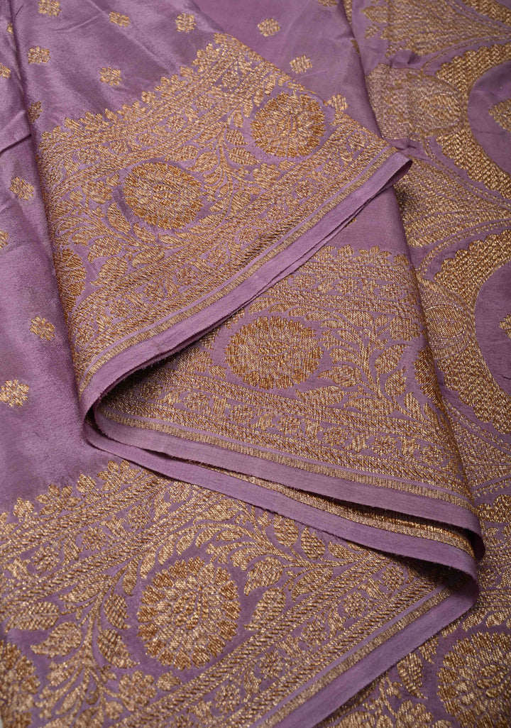 Dusty Lavender Pure Mysore Crepe Silk Saree with Chunri Buttis and Zari Border  | SILK MARK CERTIFIED