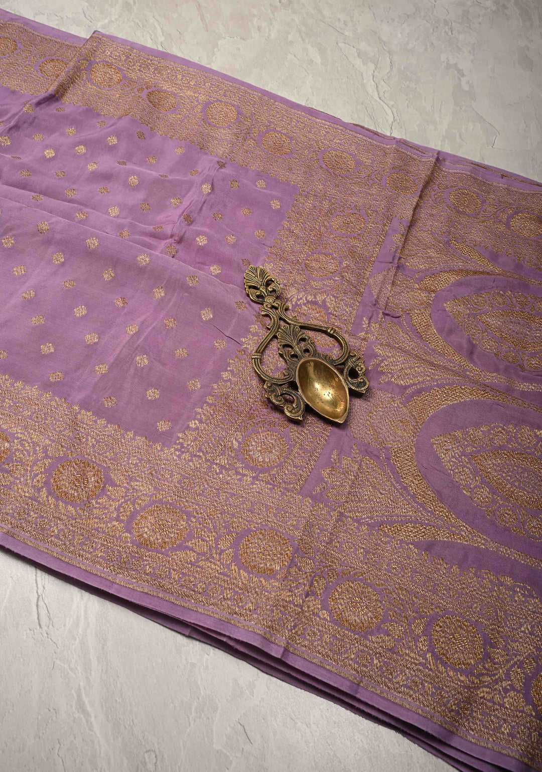 Dusty Lavender Pure Mysore Crepe Silk Saree with Chunri Buttis and Zari Border  | SILK MARK CERTIFIED
