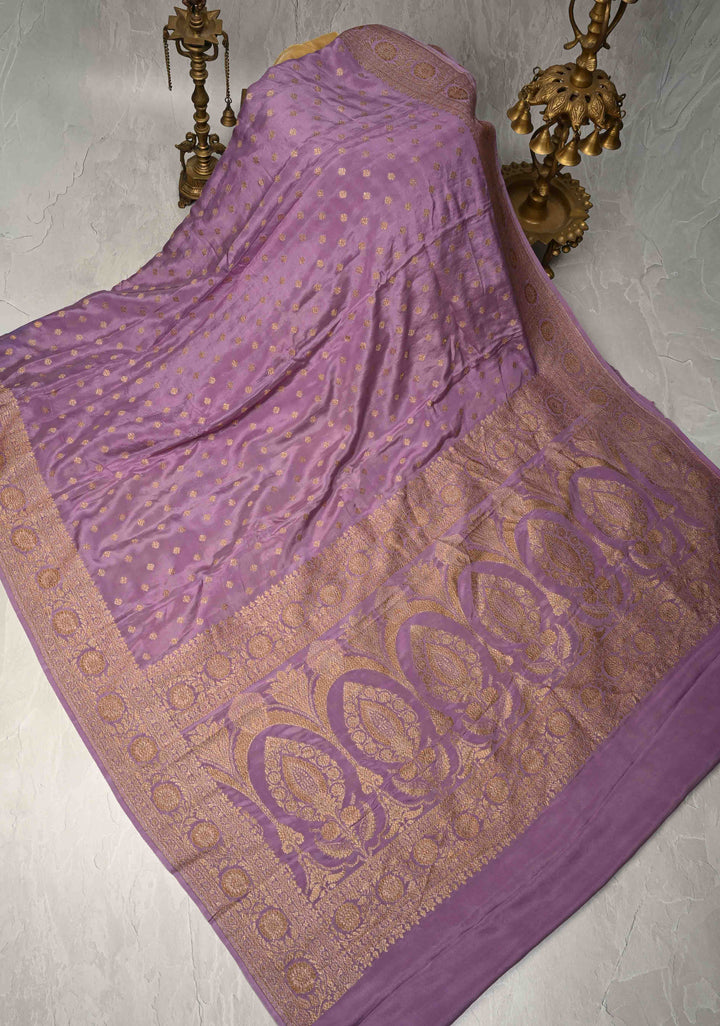 Dusty Lavender Pure Mysore Crepe Silk Saree with Chunri Buttis and Zari Border  | SILK MARK CERTIFIED