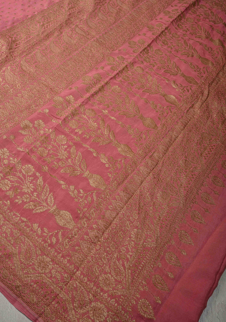 Dusty Pink Pure Mysore Crepe Silk Saree with Chunri Buttis Zari Border | SILK MARK CERTIFIED