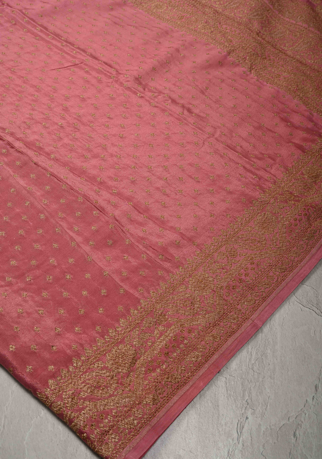 Dusty Pink Pure Mysore Crepe Silk Saree with Chunri Buttis Zari Border | SILK MARK CERTIFIED