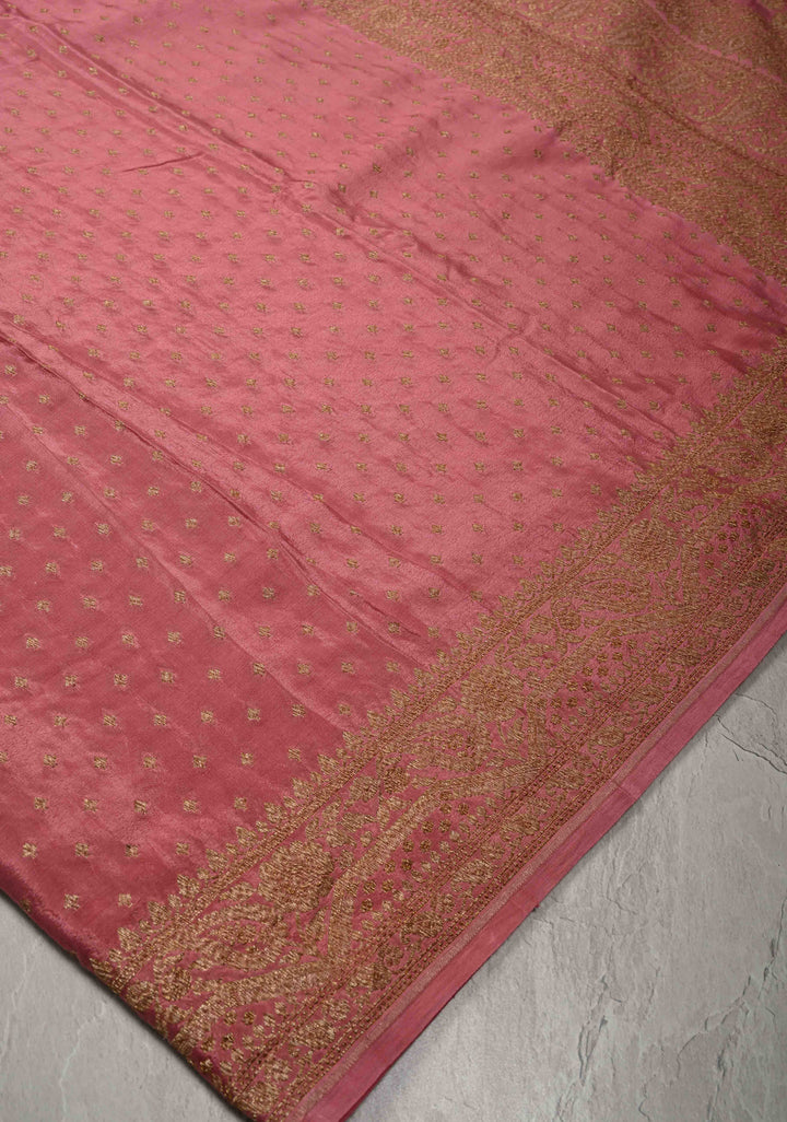 Dusty Pink Pure Mysore Crepe Silk Saree with Chunri Buttis Zari Border | SILK MARK CERTIFIED