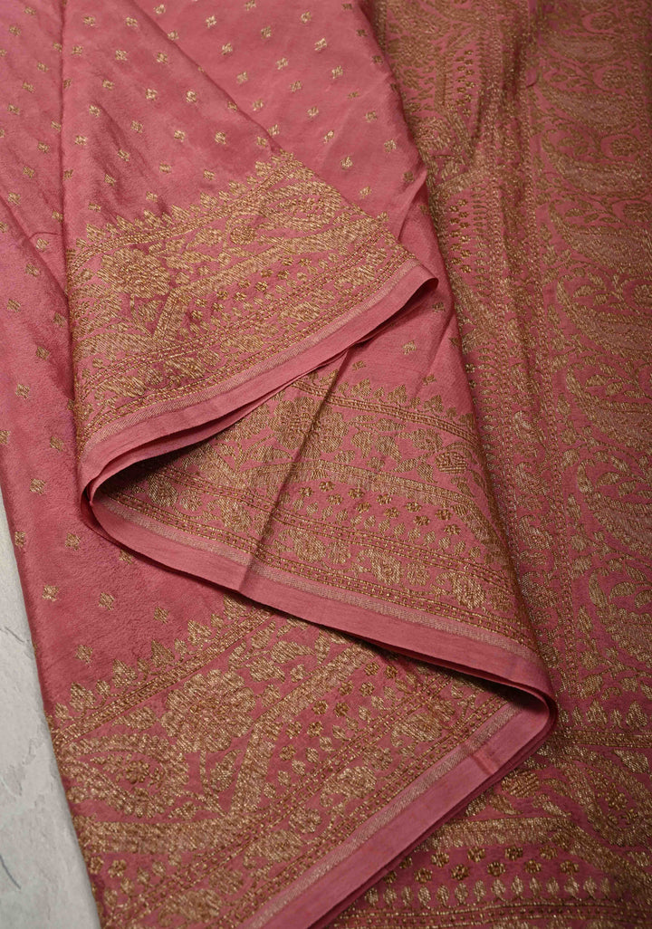 Dusty Pink Pure Mysore Crepe Silk Saree with Chunri Buttis Zari Border | SILK MARK CERTIFIED