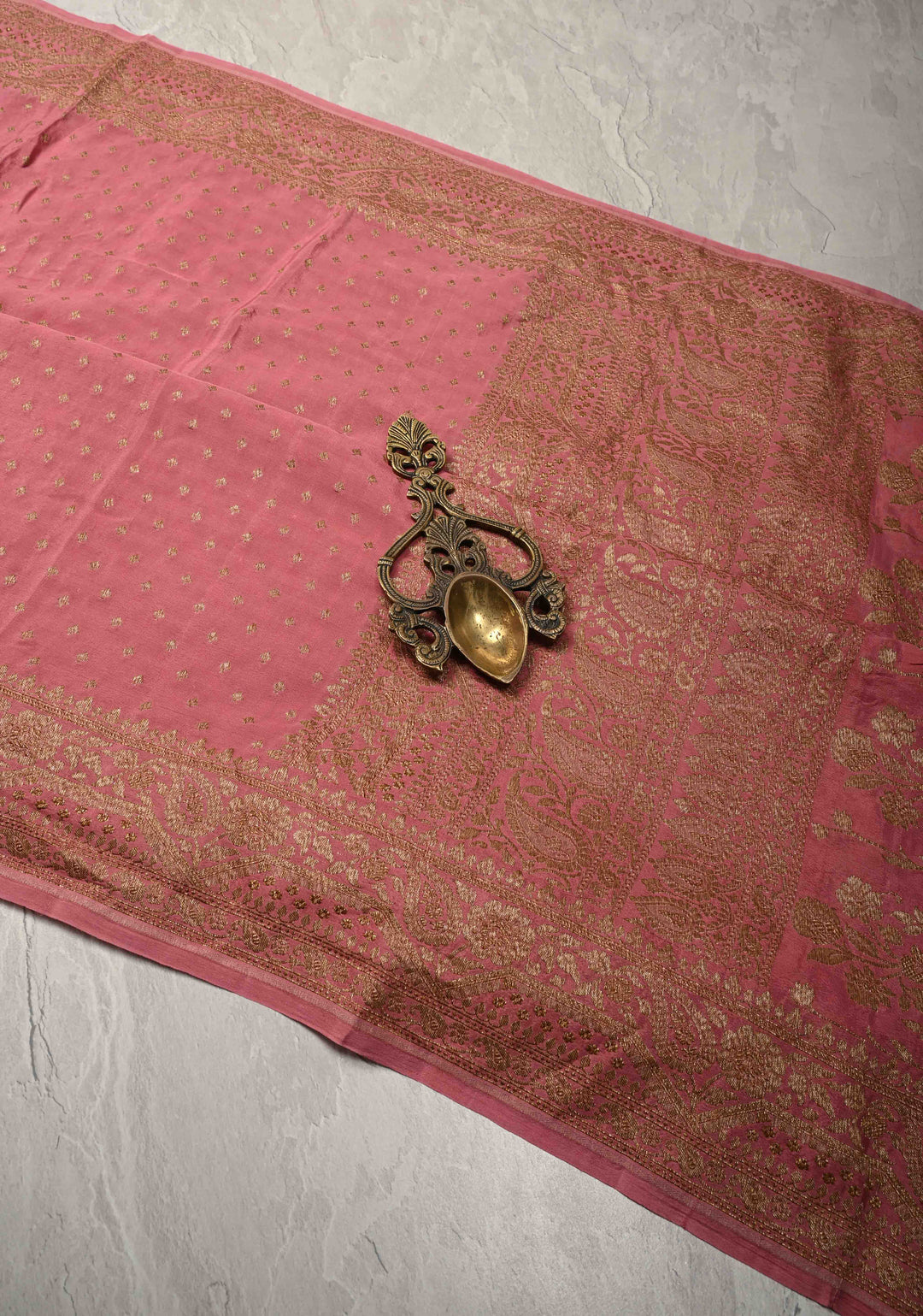 Dusty Pink Pure Mysore Crepe Silk Saree with Chunri Buttis Zari Border | SILK MARK CERTIFIED