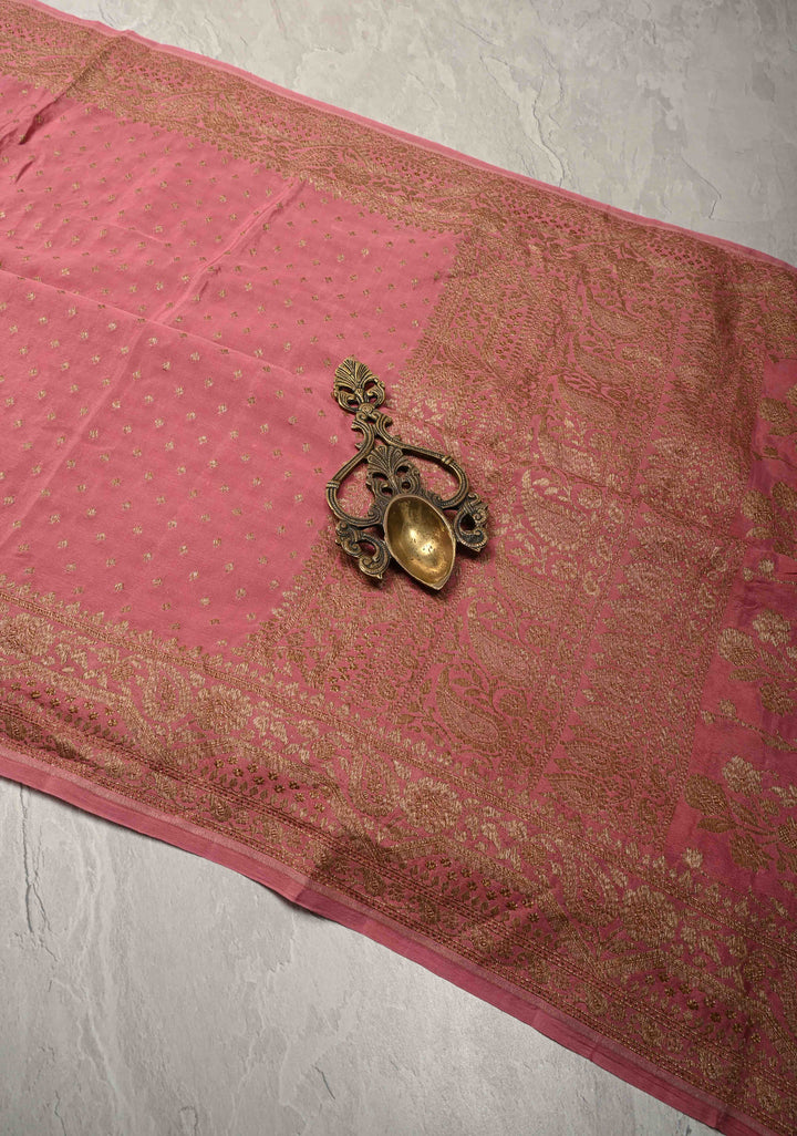 Dusty Pink Pure Mysore Crepe Silk Saree with Chunri Buttis Zari Border | SILK MARK CERTIFIED