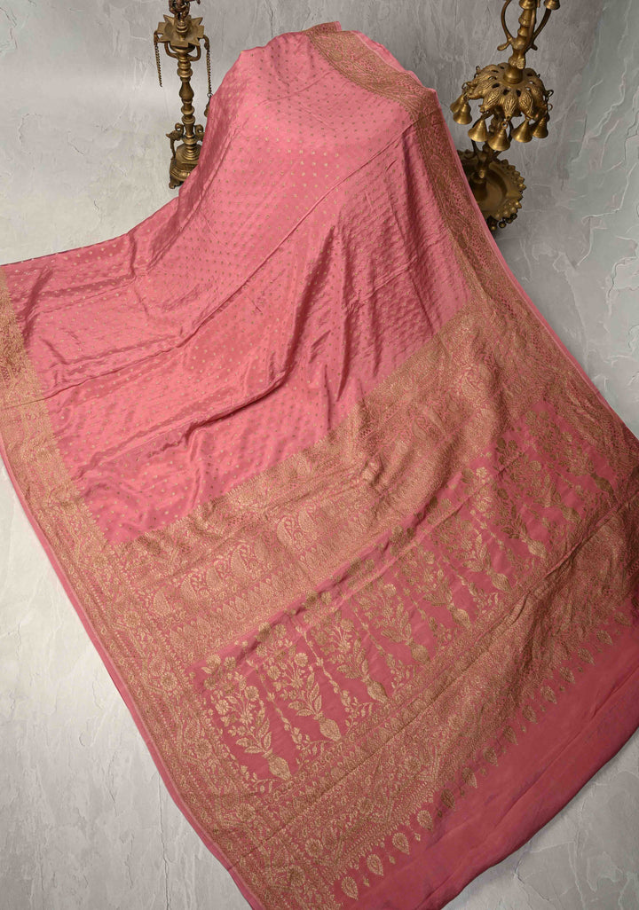 Dusty Pink Pure Mysore Crepe Silk Saree with Chunri Buttis Zari Border | SILK MARK CERTIFIED