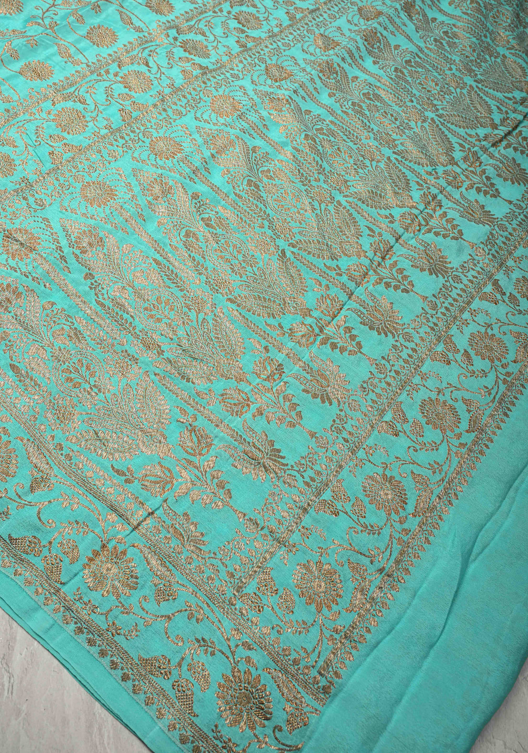 Cyan Pure Mysore Crepe Silk Saree with Floral Brocade jaal Zari Border | SILK MARK CERTIFIED