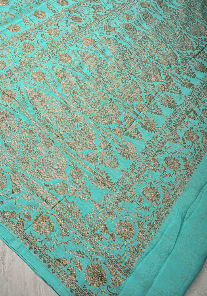 Cyan Pure Mysore Crepe Silk Saree with Floral Brocade jaal Zari Border | SILK MARK CERTIFIED