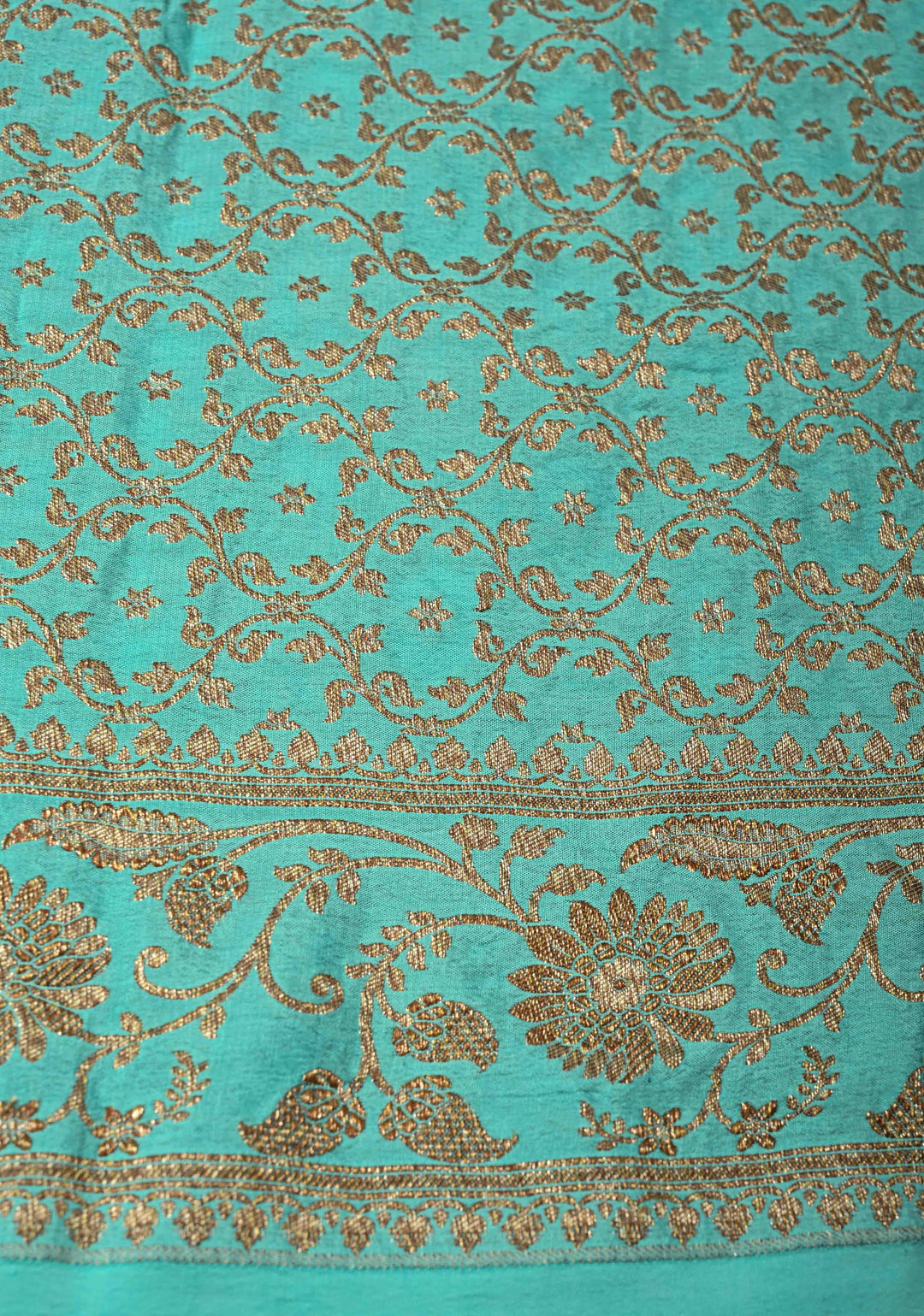 Cyan Pure Mysore Crepe Silk Saree with Floral Brocade jaal Zari Border | SILK MARK CERTIFIED