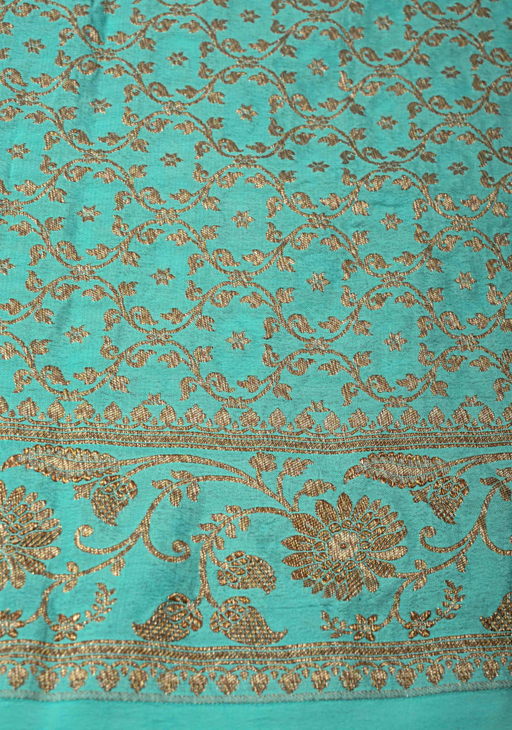 Cyan Pure Mysore Crepe Silk Saree with Floral Brocade jaal Zari Border | SILK MARK CERTIFIED
