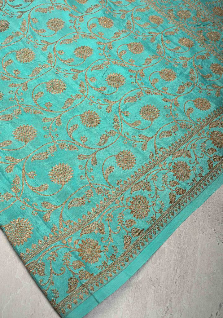 Cyan Pure Mysore Crepe Silk Saree with Floral Brocade jaal Zari Border | SILK MARK CERTIFIED