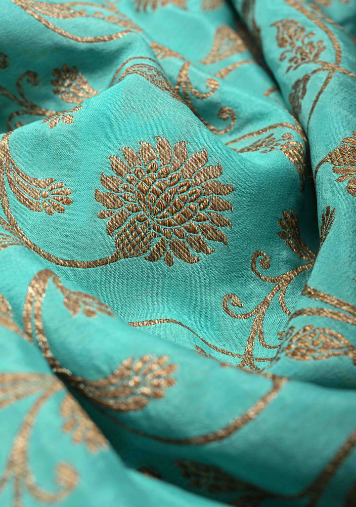 Cyan Pure Mysore Crepe Silk Saree with Floral Brocade jaal Zari Border | SILK MARK CERTIFIED