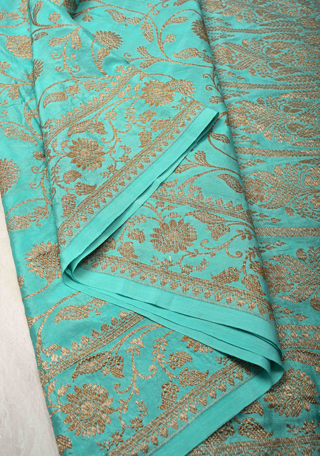 Cyan Pure Mysore Crepe Silk Saree with Floral Brocade jaal Zari Border | SILK MARK CERTIFIED