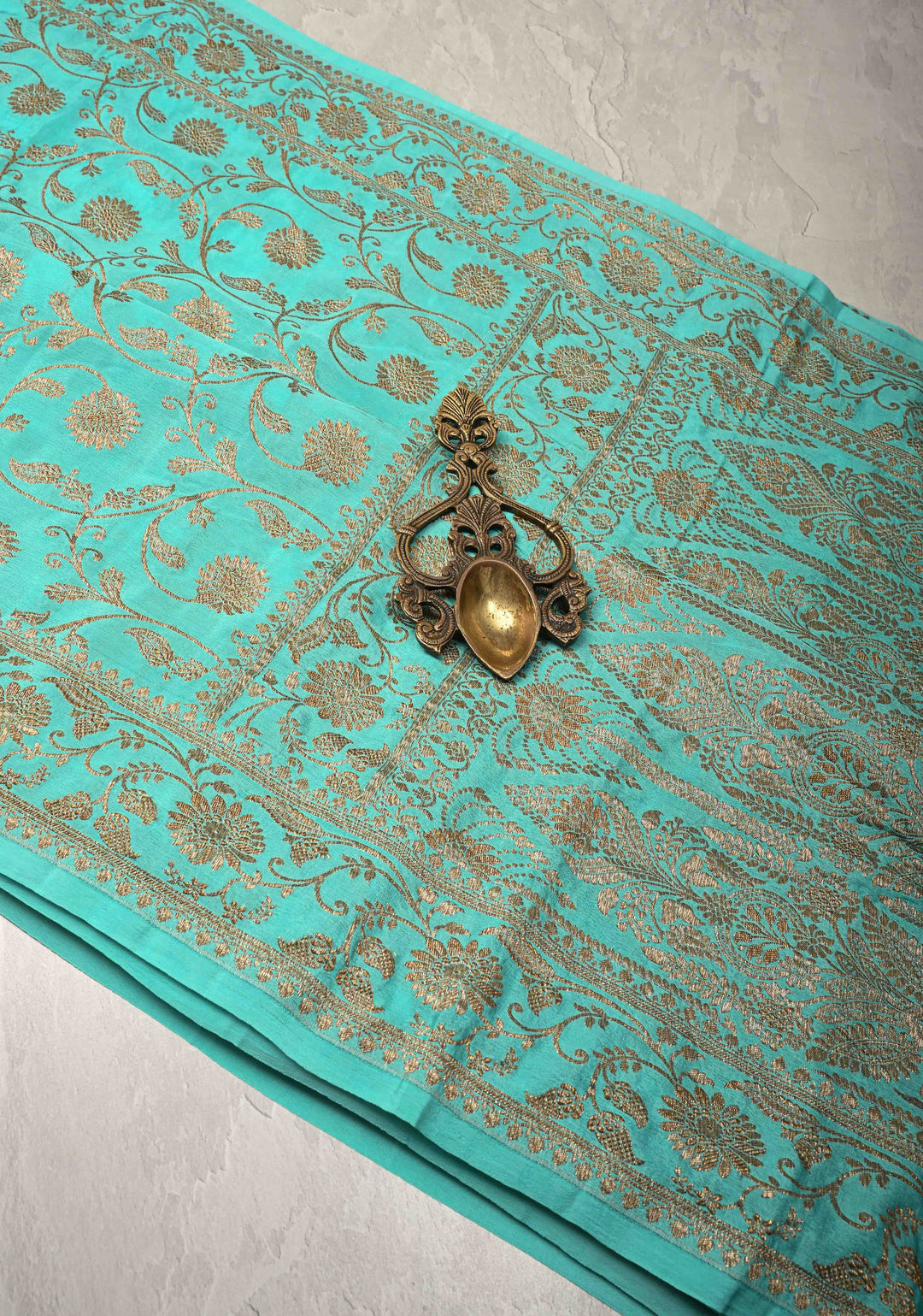 Cyan Pure Mysore Crepe Silk Saree with Floral Brocade jaal Zari Border | SILK MARK CERTIFIED