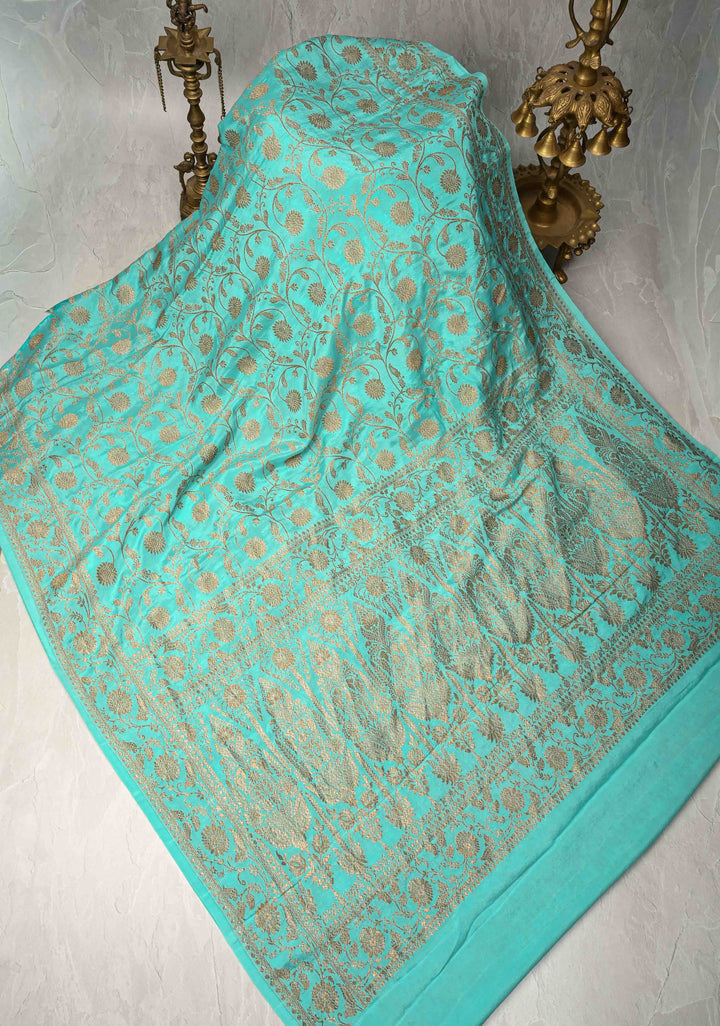 Cyan Pure Mysore Crepe Silk Saree with Floral Brocade jaal Zari Border | SILK MARK CERTIFIED