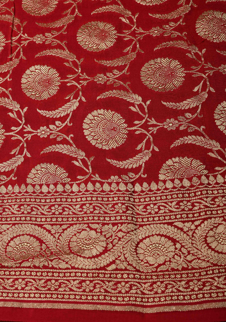 Blood Red Pure Mysore Crepe Silk Saree with Koniya Motifs and Zari Border | SILK MARK CERTIFIED