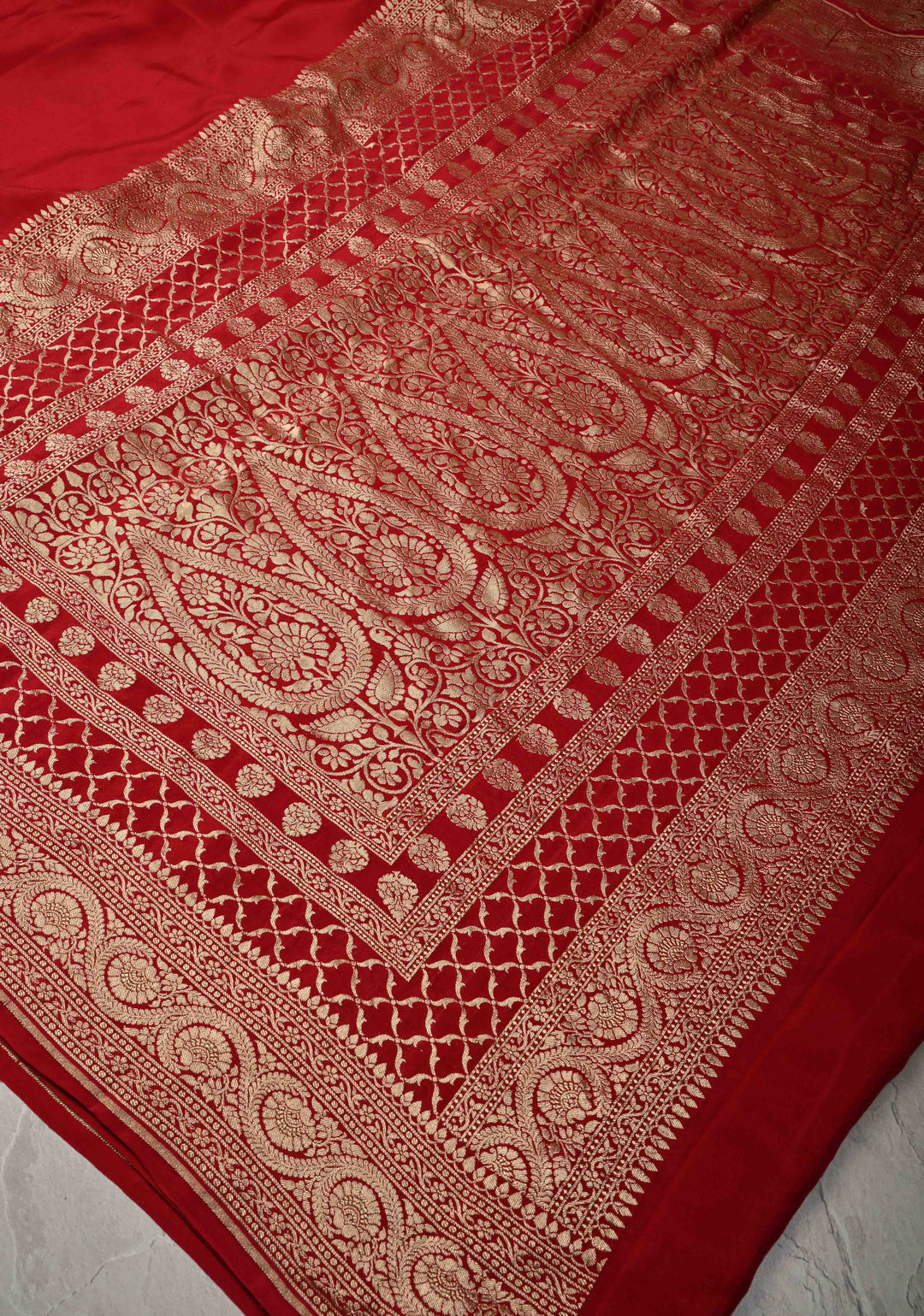 Blood Red Pure Mysore Crepe Silk Saree with Koniya Motifs and Zari Border | SILK MARK CERTIFIED
