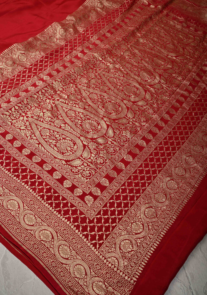 Blood Red Pure Mysore Crepe Silk Saree with Koniya Motifs and Zari Border | SILK MARK CERTIFIED