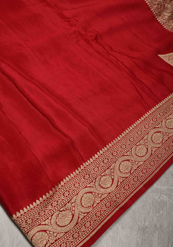 Blood Red Pure Mysore Crepe Silk Saree with Koniya Motifs and Zari Border | SILK MARK CERTIFIED