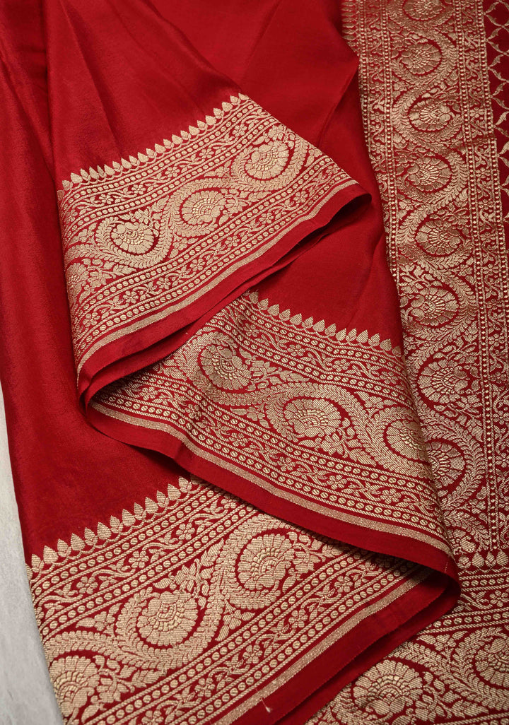Blood Red Pure Mysore Crepe Silk Saree with Koniya Motifs and Zari Border | SILK MARK CERTIFIED