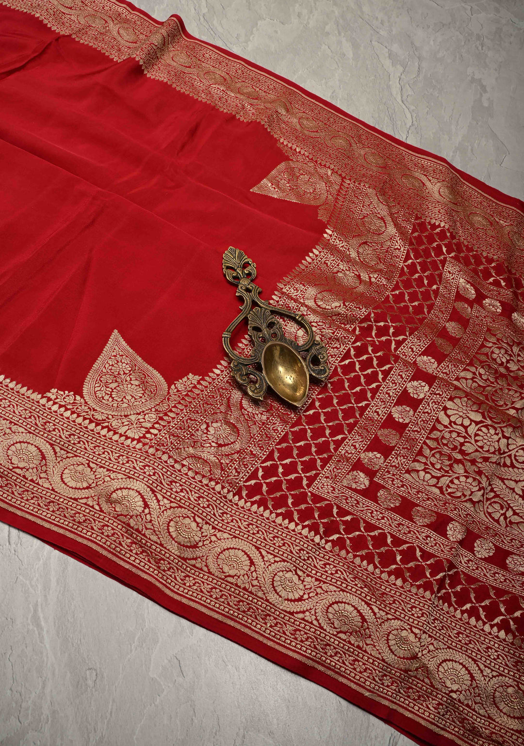 Blood Red Pure Mysore Crepe Silk Saree with Koniya Motifs and Zari Border | SILK MARK CERTIFIED