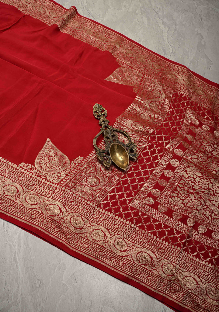 Blood Red Pure Mysore Crepe Silk Saree with Koniya Motifs and Zari Border | SILK MARK CERTIFIED