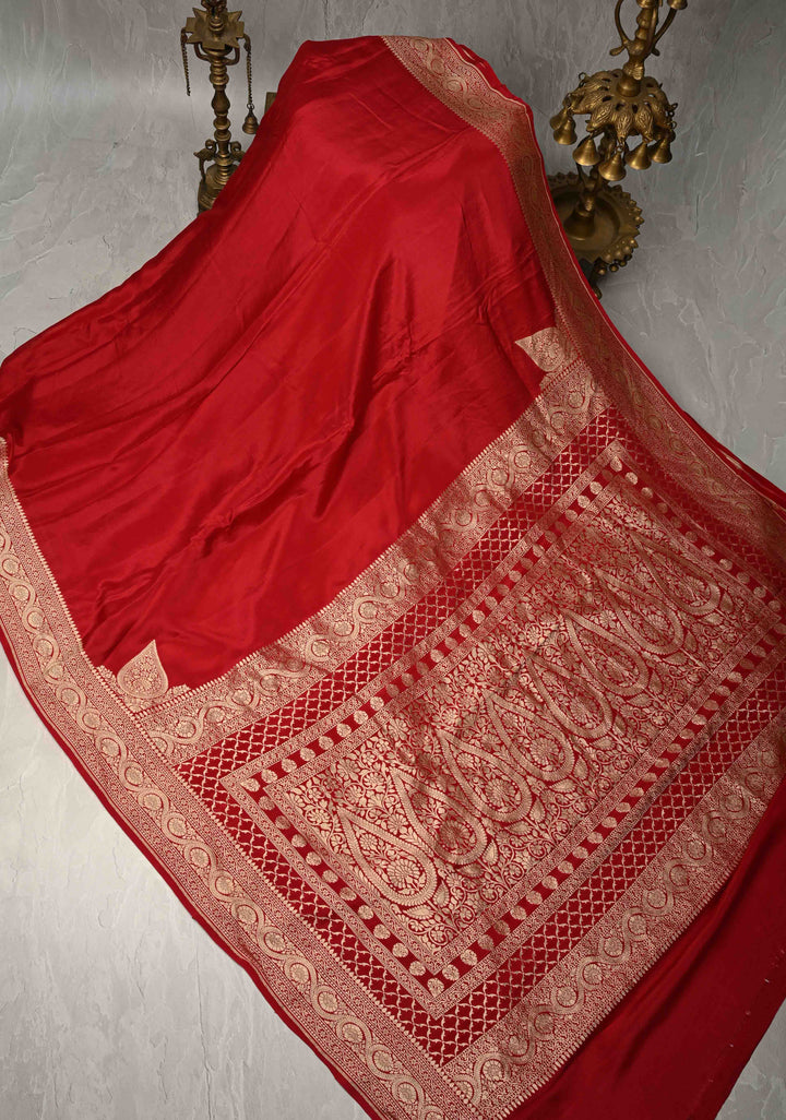 Blood Red Pure Mysore Crepe Silk Saree with Koniya Motifs and Zari Border | SILK MARK CERTIFIED