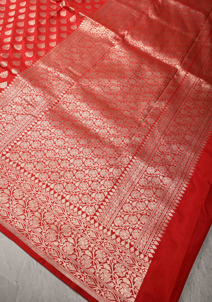 Red Pure Banarasi Katan Silk Saree with Floral Buttas Brocade and Zari Border | SILK MARK CERTIFIED