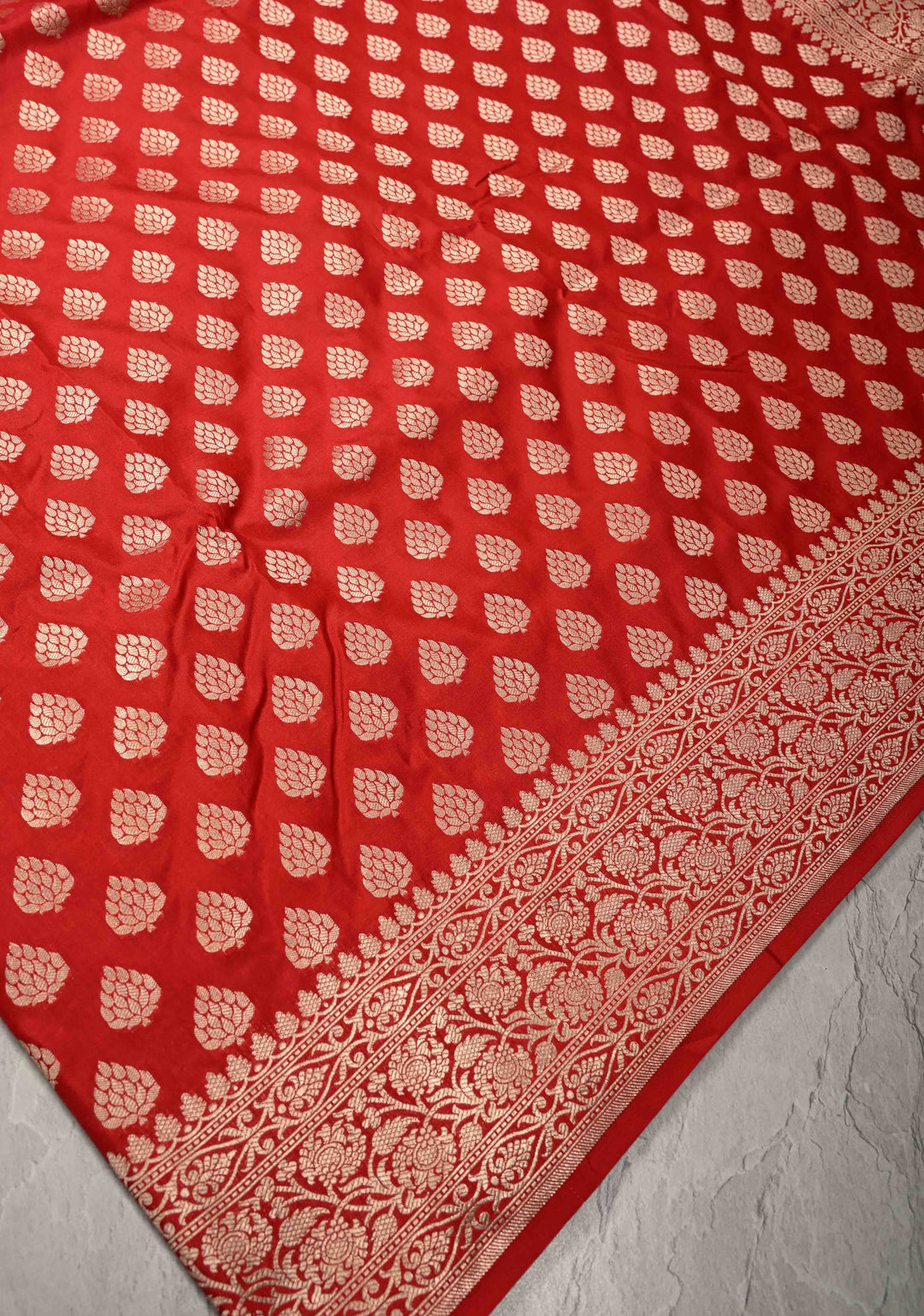 Red Pure Banarasi Katan Silk Saree with Floral Buttas Brocade and Zari Border | SILK MARK CERTIFIED