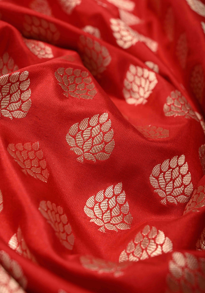 Red Pure Banarasi Katan Silk Saree with Floral Buttas Brocade and Zari Border | SILK MARK CERTIFIED