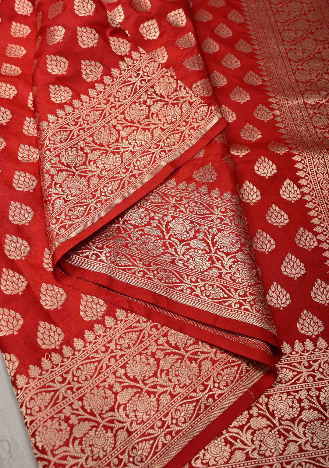 Red Pure Banarasi Katan Silk Saree with Floral Buttas Brocade and Zari Border | SILK MARK CERTIFIED