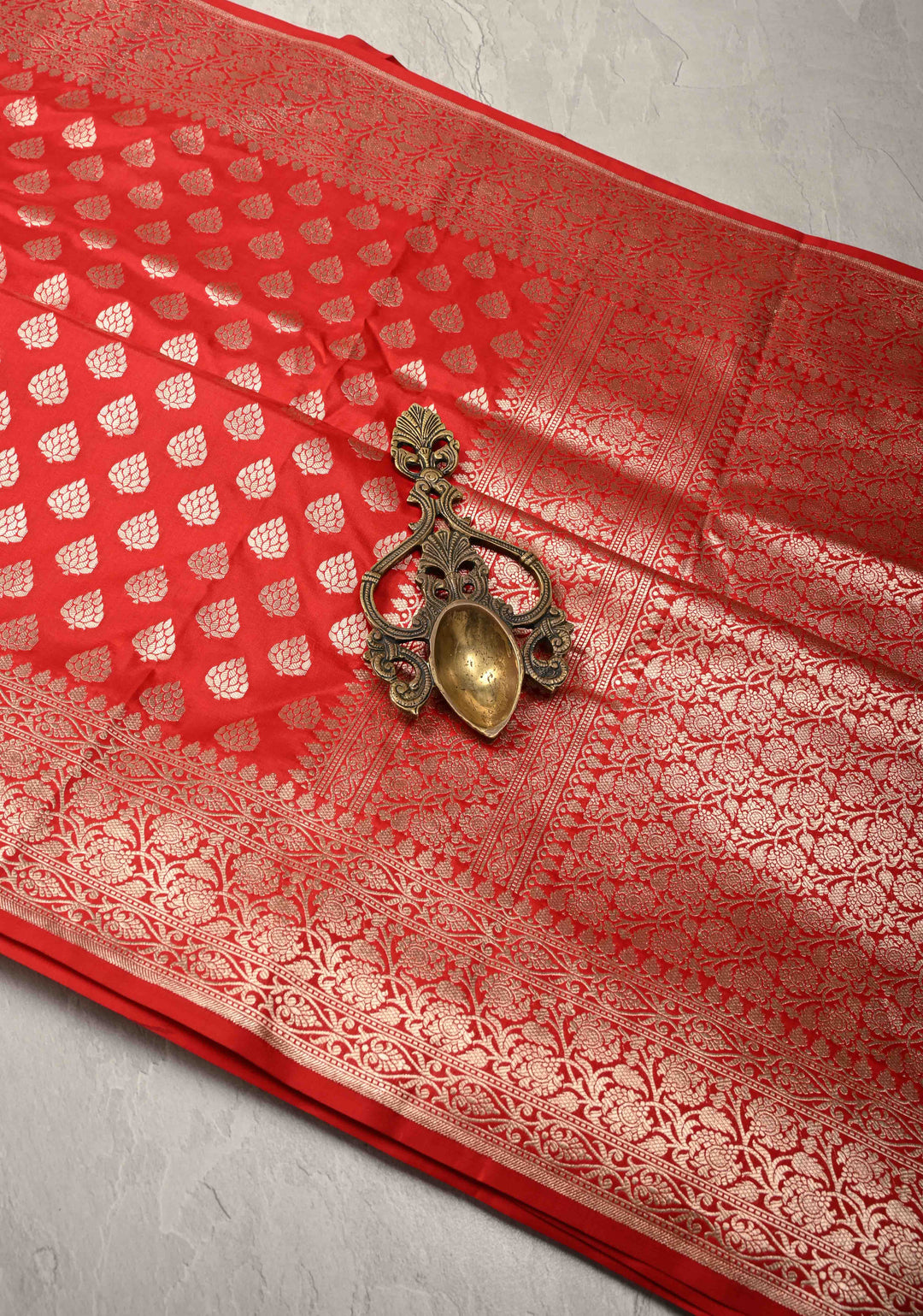 Red Pure Banarasi Katan Silk Saree with Floral Buttas Brocade and Zari Border | SILK MARK CERTIFIED