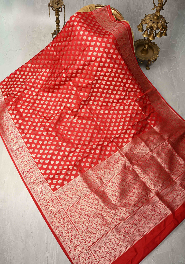 Red Pure Banarasi Katan Silk Saree with Floral Buttas Brocade and Zari Border | SILK MARK CERTIFIED