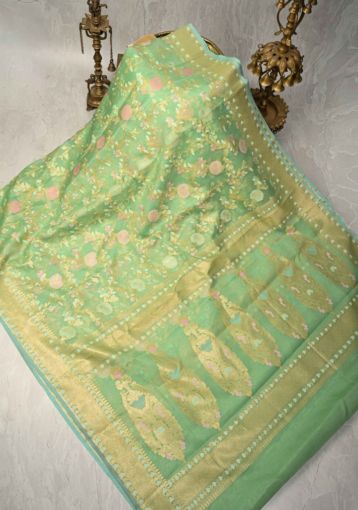 Tea Green Cotton Jamdani Style Cutwork Saree with Meenakari Brocade Jaal and Zari Border