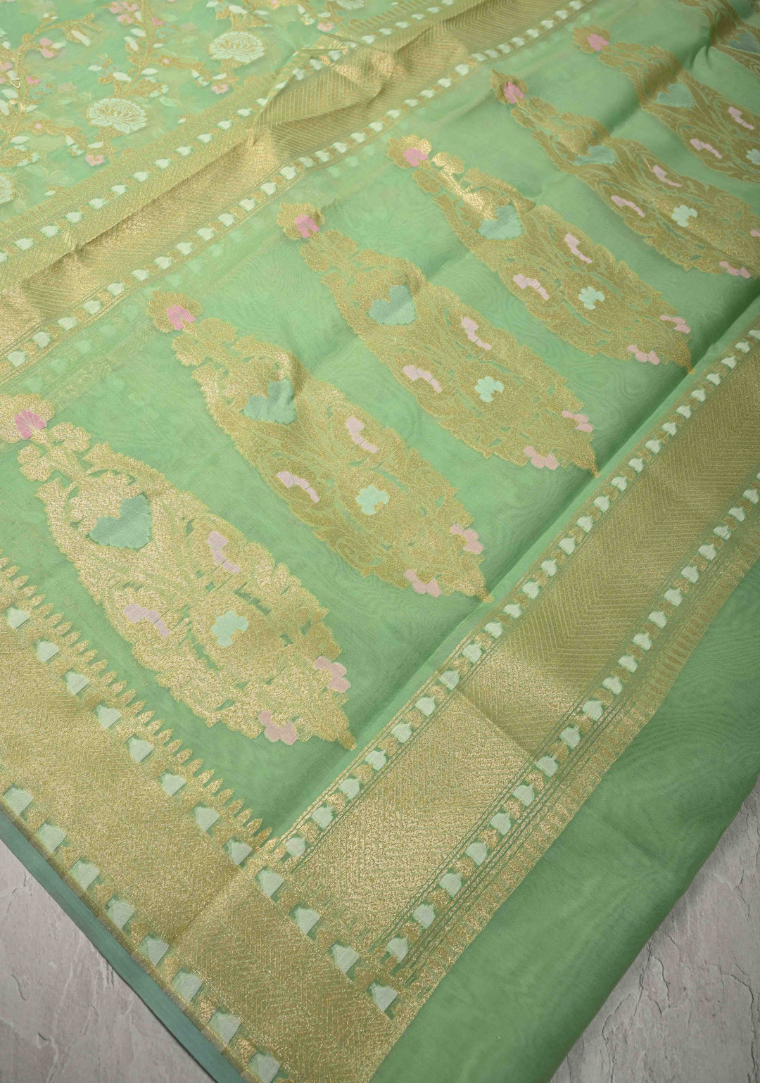 Tea Green Cotton Jamdani Style Cutwork Saree with Meenakari Brocade Jaal and Zari Border