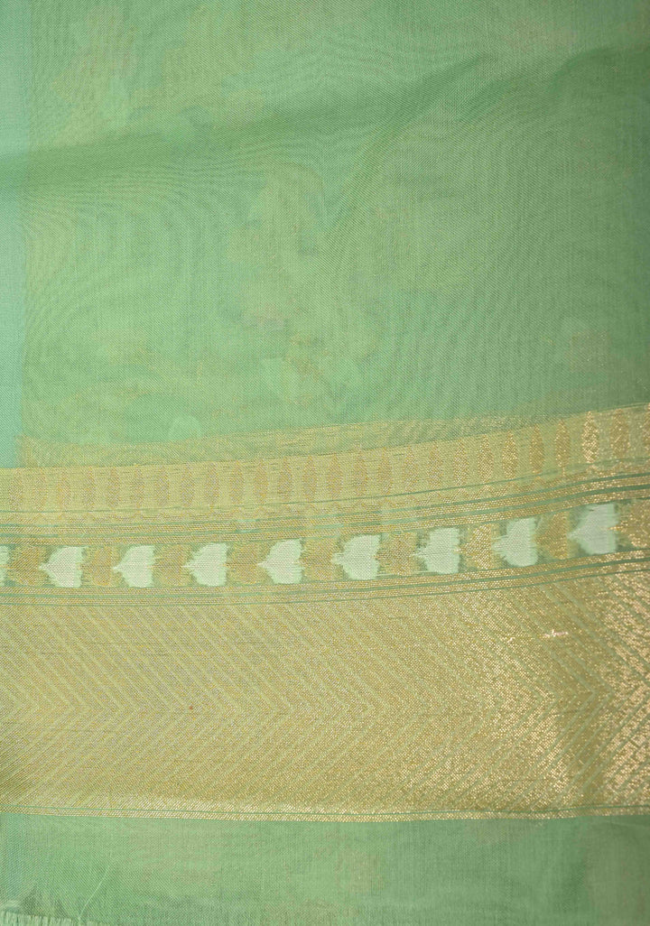 Tea Green Cotton Jamdani Style Cutwork Saree with Meenakari Brocade Jaal and Zari Border