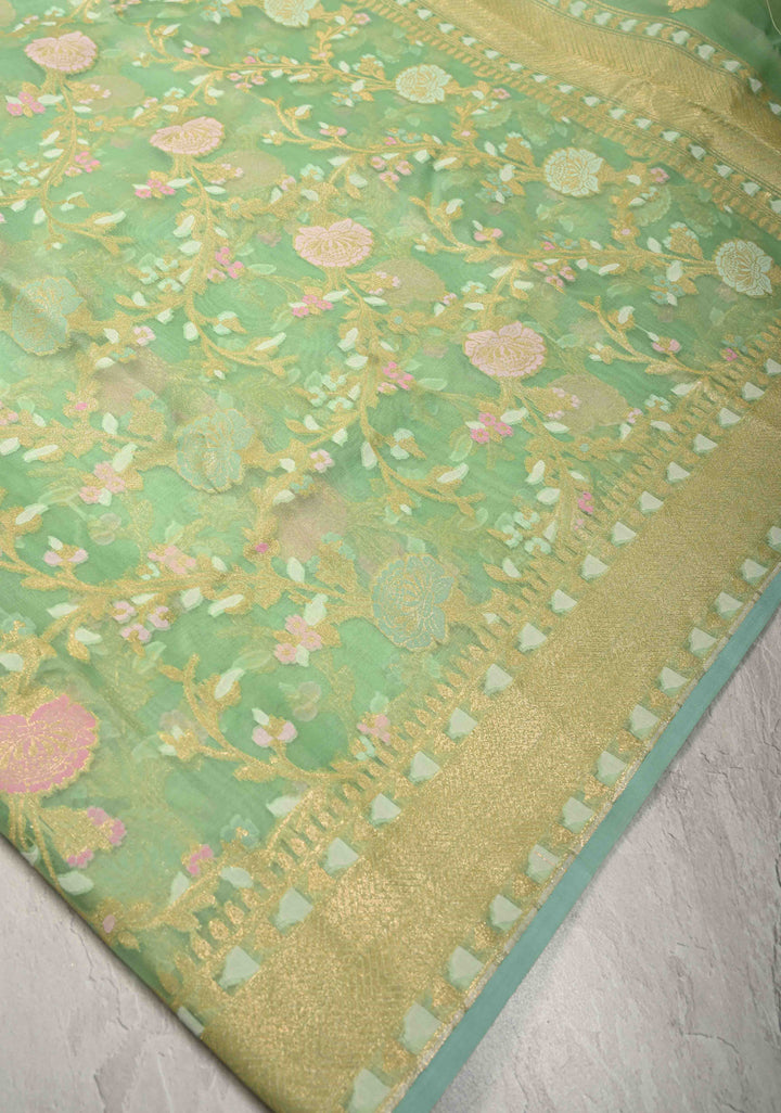 Tea Green Cotton Jamdani Style Cutwork Saree with Meenakari Brocade Jaal and Zari Border