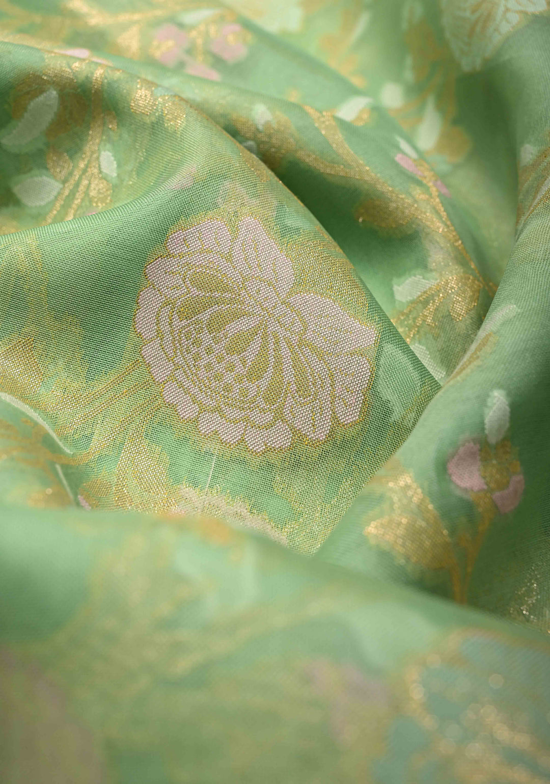 Tea Green Cotton Jamdani Style Cutwork Saree with Meenakari Brocade Jaal and Zari Border