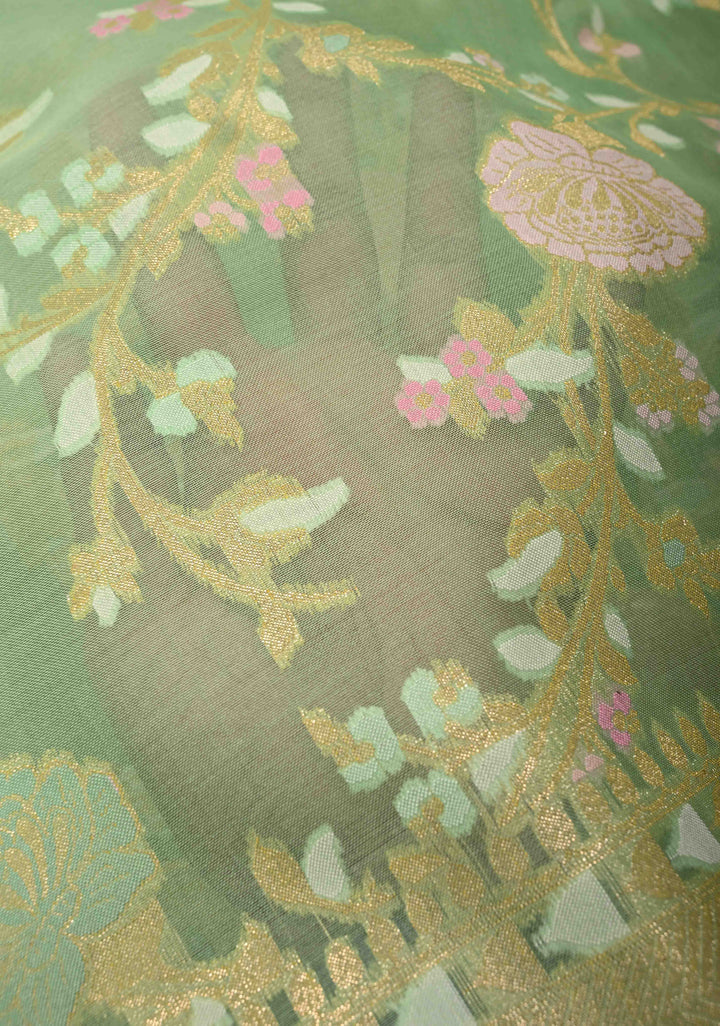 Tea Green Cotton Jamdani Style Cutwork Saree with Meenakari Brocade Jaal and Zari Border