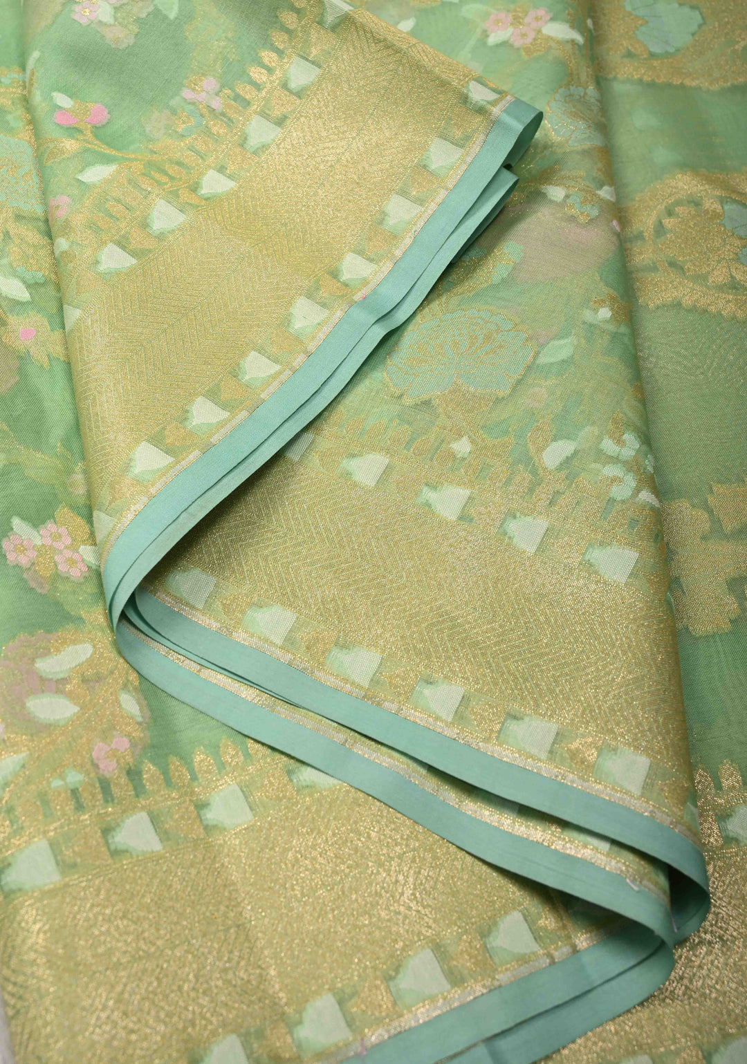 Tea Green Cotton Jamdani Style Cutwork Saree with Meenakari Brocade Jaal and Zari Border