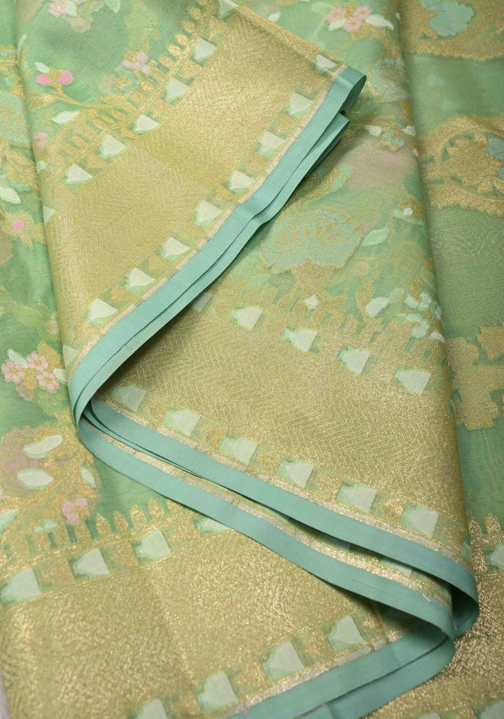 Tea Green Cotton Jamdani Style Cutwork Saree with Meenakari Brocade Jaal and Zari Border