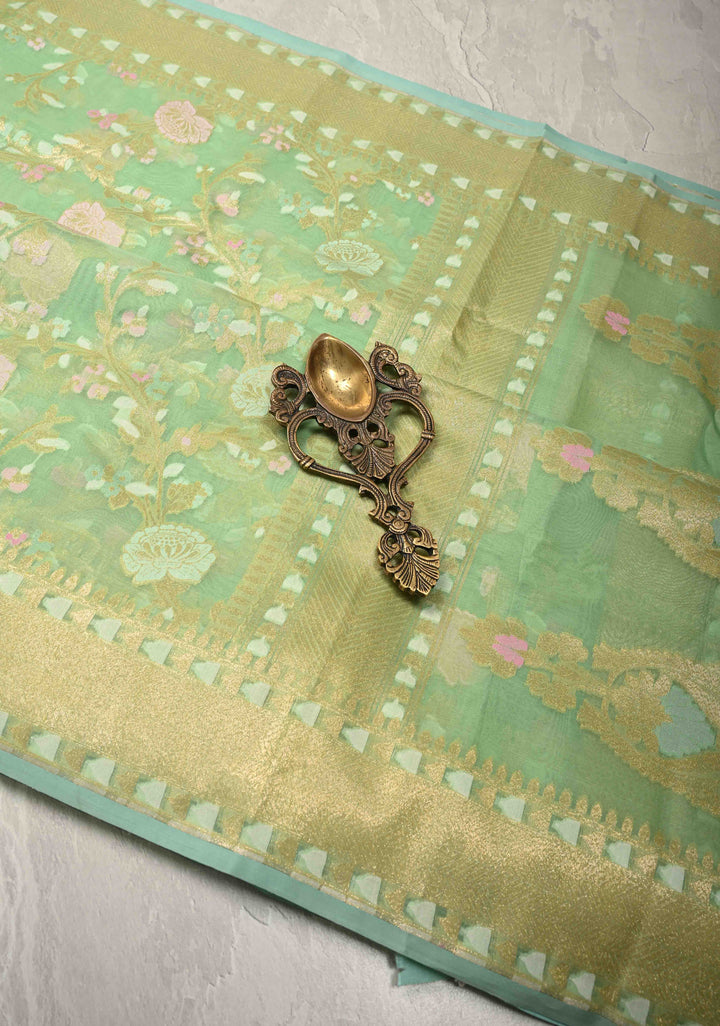 Tea Green Cotton Jamdani Style Cutwork Saree with Meenakari Brocade Jaal and Zari Border